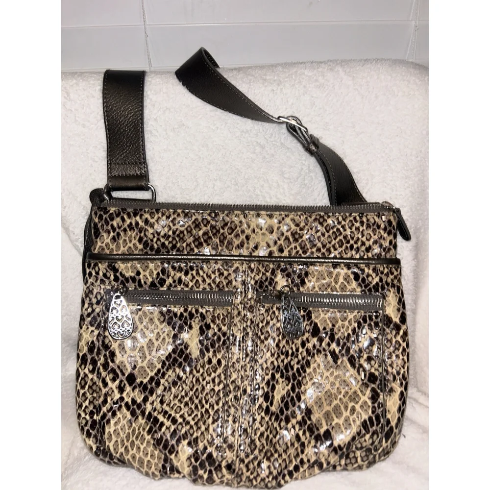 Brighton Womens Brown Snake Print Leather Adjustable Strap Crossbody Bag - Picture 2 of 11